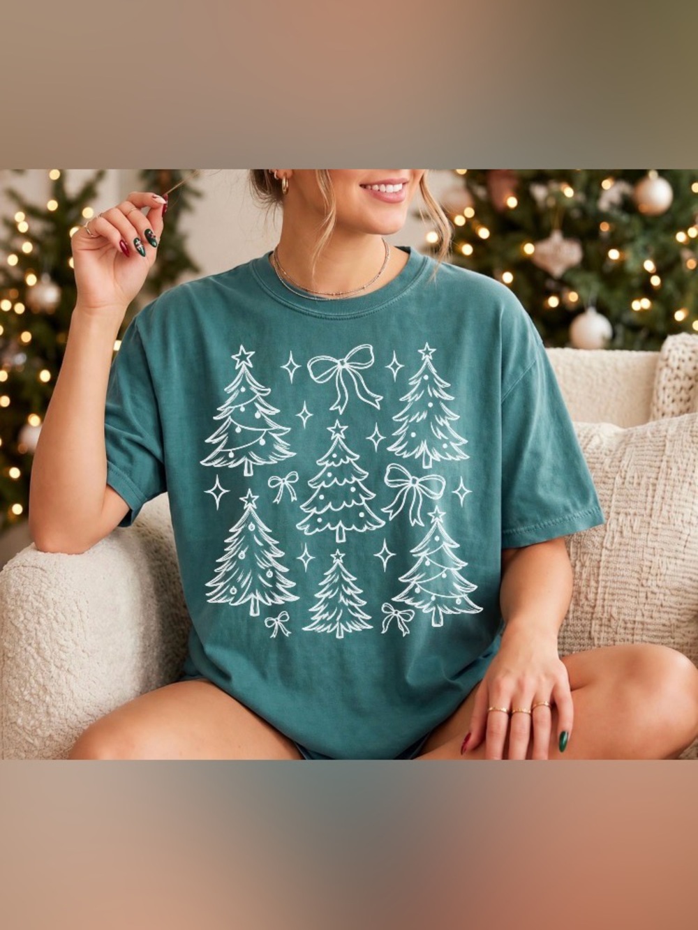 Comfort Colors Christmas Tree Shirt, Line Art Holiday Tree Graphic T-Shirt